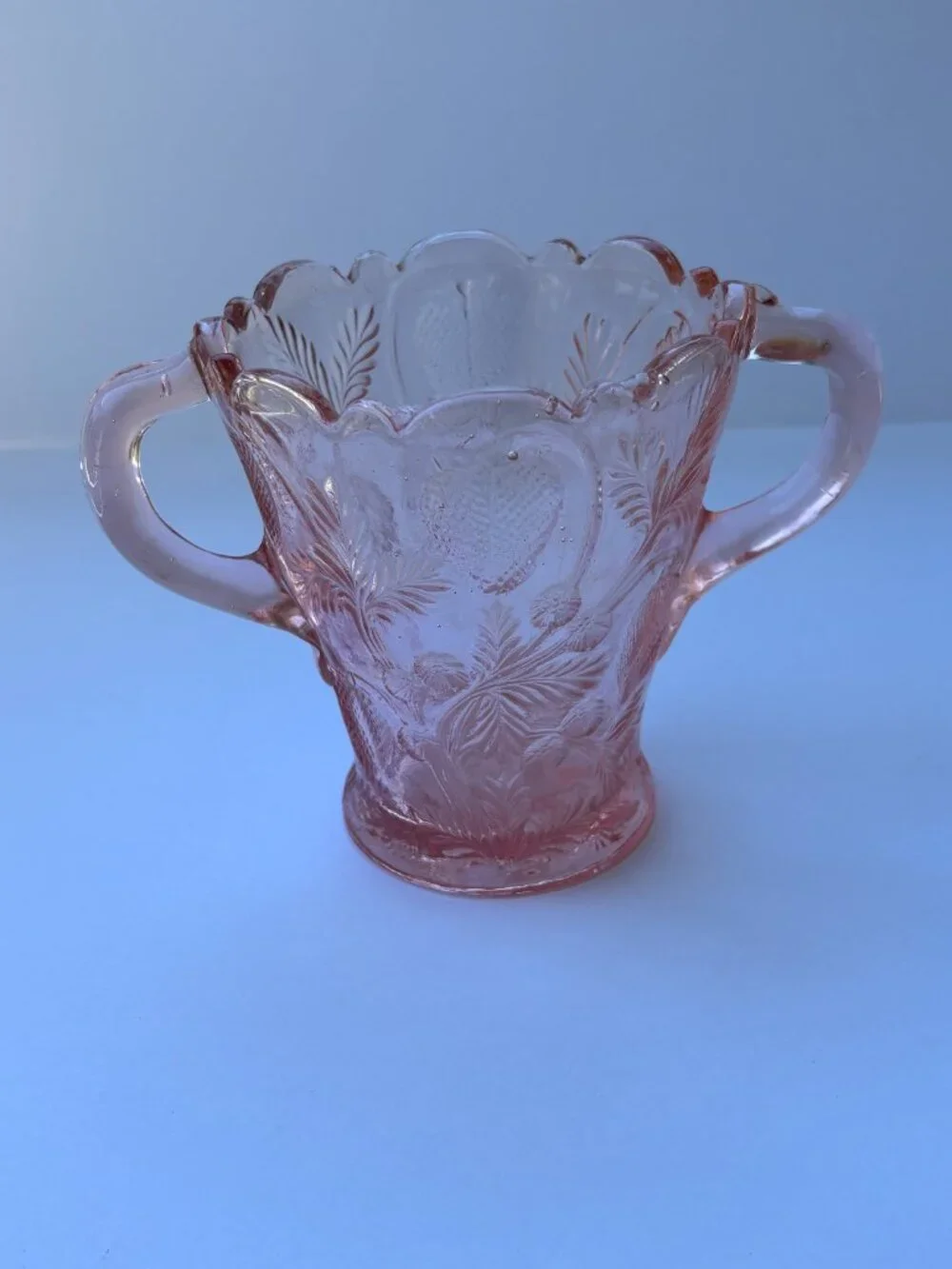 Vintage Fenton Pink Glass Inverted Strawberry Double Handle Vase Spooner
